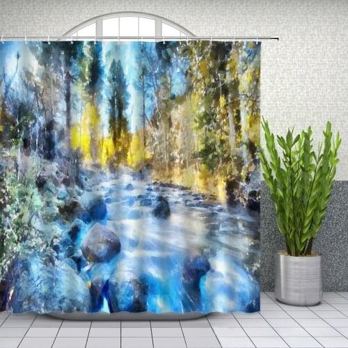 Painting Landscape Shower Curtains Winter Snow River Waterfall Scenery Bathroom Decor Home Bath Cloth Hanging Curtain Set Cheap