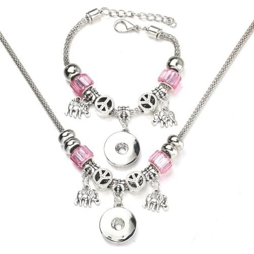 6 Colors Snap Button Elephant Necklace Bracelet Set Bead Pendant Hollow Chain Beaded Bracelet Fit 18mm Snap Jewelry 027