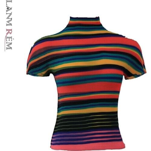 LANMREM 2021 New Pleated T-shirt Famale Summer Turtleneck Short Sleeve Striped Slim Tops Women Stretch Clothes YJ776