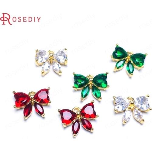 10PCS 10x12MM 24K Champagne Gold Color Brass and Zircon Bow-knot Charms Pendant Jewelry Making Supplies Diy Findings Accessories