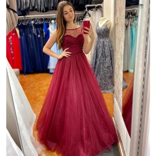 Lorie 2020 High Quality Red Wine Evening Dress O-neck A-line Prom Dresses Tulle with Pearls Formal Gowns Women Party Dress