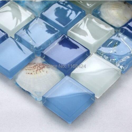 Sea shell blue color crysal glass mosaic tiles for kitchen backsplash tile bathroom shower fireplace wall mosaic