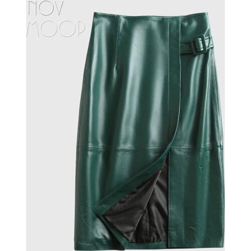 Novmoop office lady winter black green high waist sheepskin genuine leather skirt with buckle decor spodnica falda jupe LT3015