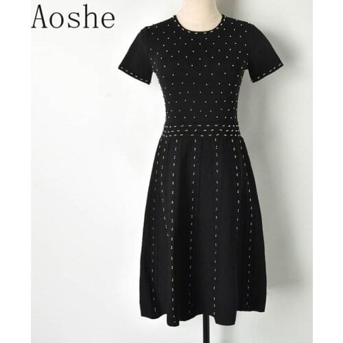 New Fashion Womens Knit Dresses Full Of Nailed Beads, Short Sleeved Ice And Silk