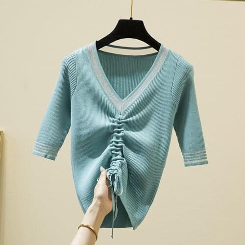 Soild shirring Tshirts For Women Slim Short Sleeve Knitted Casual Cotton V Neck Tee Shirt Femme Summer Korean Fashion Tops Woman