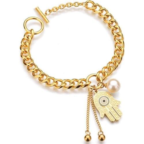 Wholesale Jewelry -- 20cm 316L titanium steel Pearls khamsah The hand of Fatima Bracelets Jewelry For Women No Fade