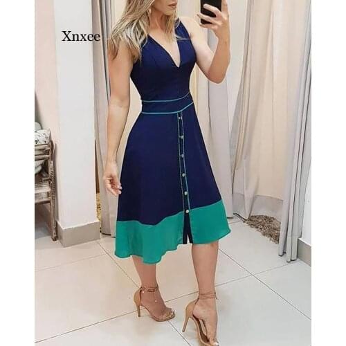 Colorblock Button Design Plunge Dress Elegant Dark Blue Sleeveless Colorblock Dress with Waist Summer Clothing
