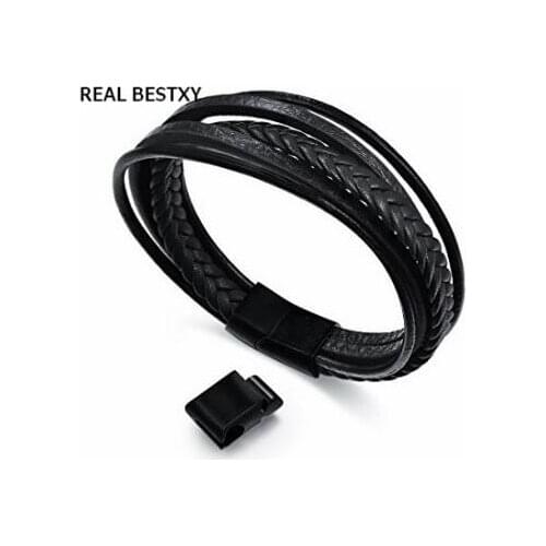 Real Bestxy 2018 Fashion Real Leather Bracelet Male Jewelry Retro Stainless Steel Magnetic Clasps Mens Bracelets Bangle