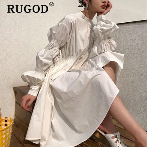 RUGOD 2020 Korean Women Autumn White Pleated Shirt Dress Long Lantern Sleeve Plus Size Lady Loose Midi Party Club Dresses