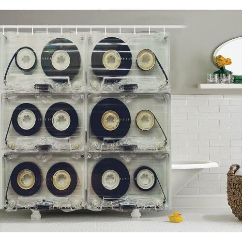 90S Decorations Shower Curtain of Six Audio Cassettes for Recorder Retro Vintage Old Time Popular Technology Bathroom Curtains