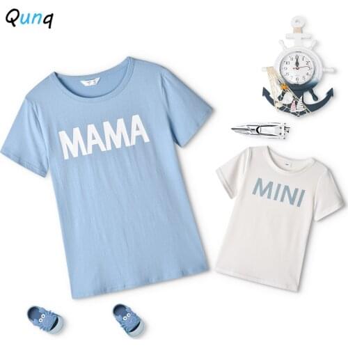 Quna Summer Family Matching T-shirt Casual Letter Print O-neck Top Clothes for Women Boys Girls Mother Daughter Son Clothes