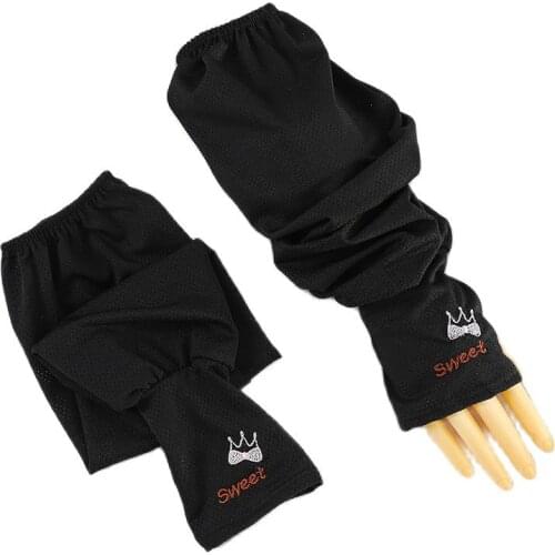 Spring and Summer Embroidery Dew Finger Sunscreen Solid Color Ice Silk Sleeve Bowknot Mesh Breathable Womens Arm Cover