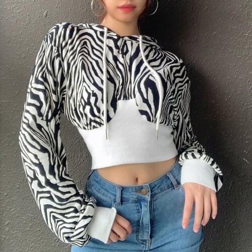 Zebra Print Patchwork Hoodie Casual Fashion Streetwear Short Hoodies 2021 Autumn Long Sleeve Open Navel Loose Women Hoodie