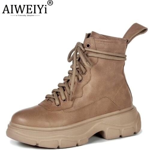 AIWEIYi Women Chelsea Boots Thick Med Heel Woman Ankle Boots Genuine Leather Lace Up Shoes Western Boots 34-42 Footwear