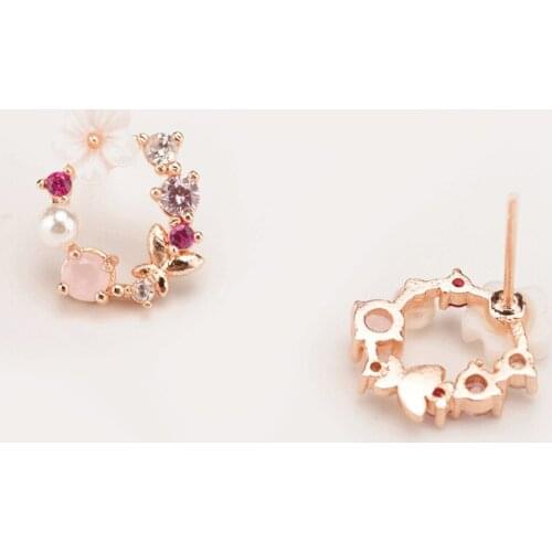 Twinkling Pink Clear White Purple Rhinestone Vivid Flower Simulated Pearl Sweet Garland Stud Earrings For Women