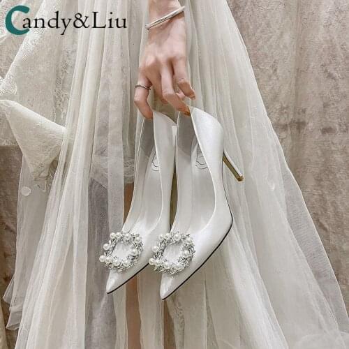 Wedding Shoes Womens 2021 New White High Heels Wedding Bride Shoes Rhinestone Square Buckle Bridesmaid Dress Shoes
