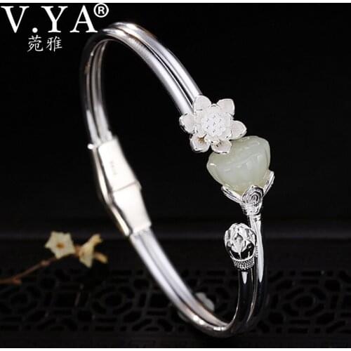 V.YA 925 Sterling Silver Lotus Open Bangles for Women Vintage Elegant Thai Silver Bangle Natural Stone Flowers Jewelry