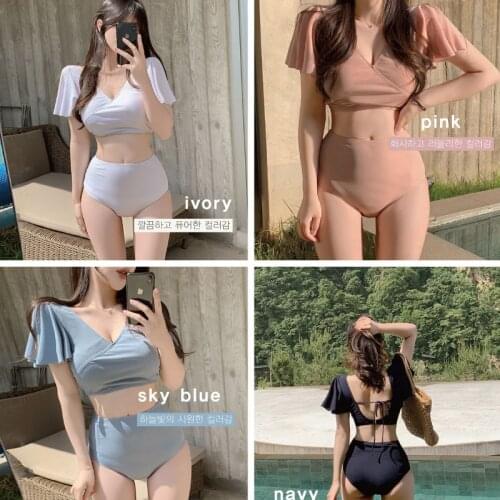 Women Sexy V-neck Swimsuit Short Sleeve Two Piece Bikini Set Solid Low Cut Swimwear Korean Style High Waist Bathing Suit Padded