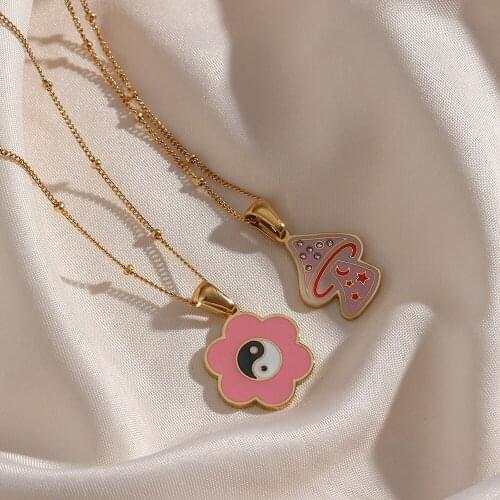 2021 New Cute Enamel Yingyang Pink Flower Zircon Paved Marshroom Pendant Necklace Girls Lovely Gold Plated Accessories Jewelry