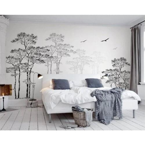 Custom Wallpaper Home Decorative Mural Black & White Sketch Abstract Tree Flying Bird TV Background walls 3d wallpaper Beibehang