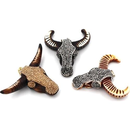 5pcs Rhinestone Pave Black Yellow Resin OX Head Buffalo Cattle Horn Pendant Jewelry for Necklace Fashion Drusy Pendants