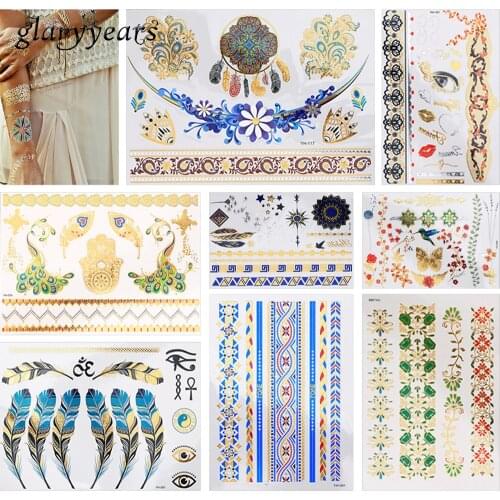 8 Sheets Flash Metallic Tattoo Temporary Sticker Flower Peacock Feather Design Fake Bracelet Tattoo Decal Women Unique Gift 2019