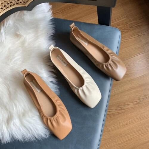 Square toe ballet flat shoes elastic band pleated leather shallow grandma shoes soft soled cozy pregnant women shoes new loafers