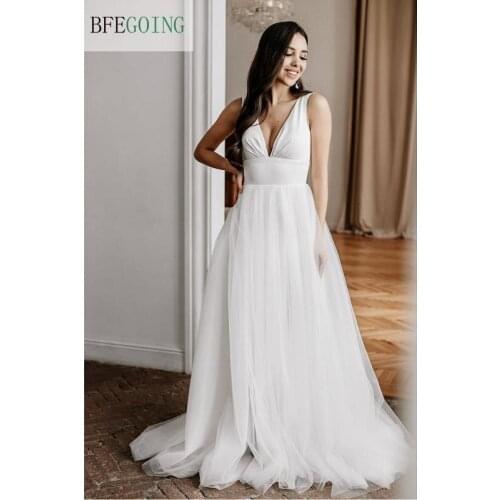 White Tulle Satin V-Neck Sleeveless Bridal Dress Floor-Length A-line Wedding Gowns Chapel Train Custom Made