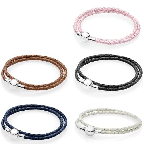 CHAMSS New 925 Sterling Silver Fashion Classic Logo Bracelet MOMENTS Black Pink Double Circle Leather Original Female Jewelry