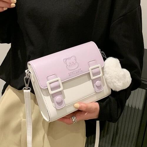 Designer Patchwork Flap Bag Cute Print Leather Luxury Handbag Women Small Messenger Bags Purple Hairball Bag Cute Shoulder Bags