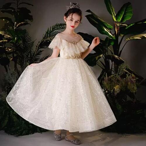 Flower Girl Dress Illusion O-Neck Luxury Short Princess Floor-Length Tulle Lace Sequined Pearls Embroidery Kids Party Gown H416