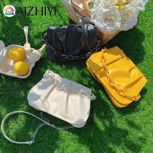 Soft PU Leather Pleated Shoulder Bag Women Luxury Designer Thick Metal Chain Handbag Female Street Shoulder Crossbody Pouch