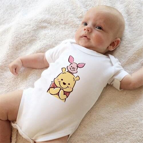 Winnie And Piglet Print Disney Baby Romper Summer Short Sleeve White Newborn Jumpsuit Baby Boys Girls One-pieces Bodysuit