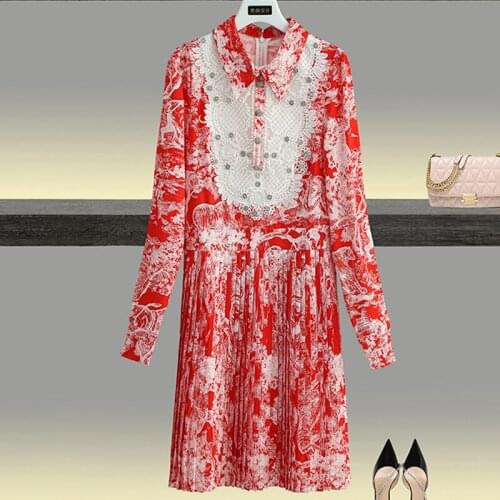 Fashion Runway 2021 Autumn New Dress Women Red Flowers Printed Beading Diamonds Luxury Elegant Pleat Dresses