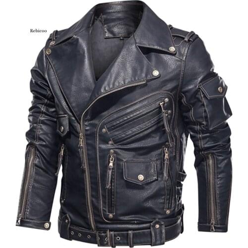 Mens Winter Leather Jacket Motorcycle Pu Leather Jacket Men Cool Zipper Multi-Pocket Leather Bike Chaquetas Hombre Coats
