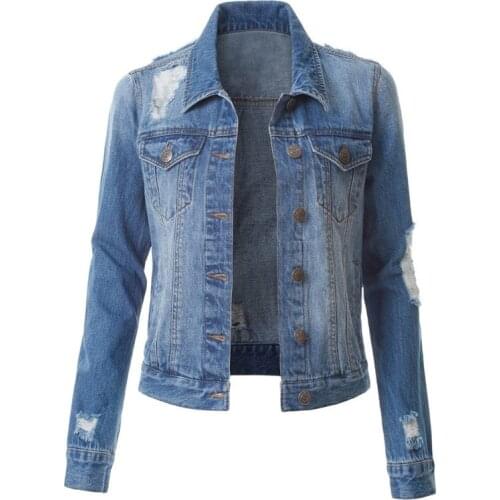 221 summer new womens denim jacket with holes and thinner womens denim jacket