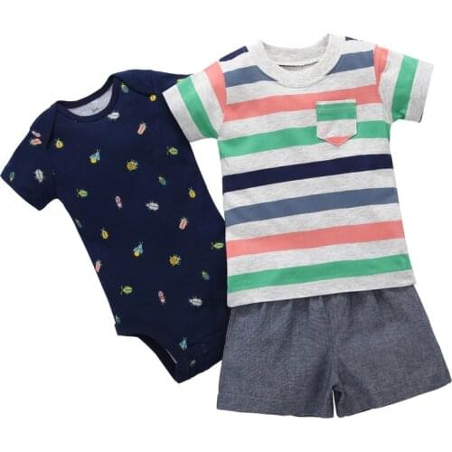 Newborn baby boy clothes stripe print short sleeve T-shirt tops+rompers+shorts 2021 summer set infant clothing new born outfit