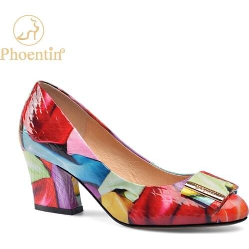 Phoentin colorful high-heeled pumps shallow womens summer shoes natrual leather stylish female shoes with buckle TPR sole FT989