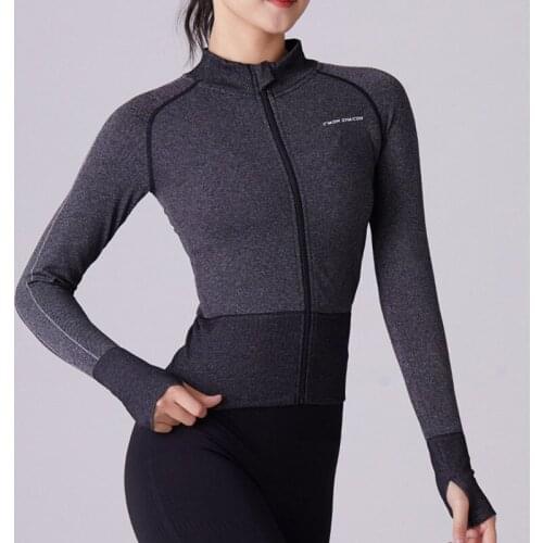 SALSPOR Zipper Yoga Shirts Women Fitness Quick Dry Long Sleeve With Thumb Holes Gym Clothes Sports Running Slim Fit Training Top