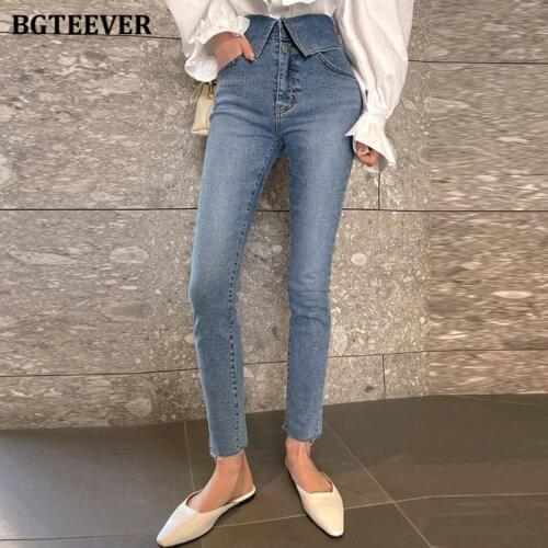 BGTEEVER Stylish Chic Double Button High Waist Pencil Jeans for Women 2021 Spring Summer Casual Skinny Female Denim Trousers