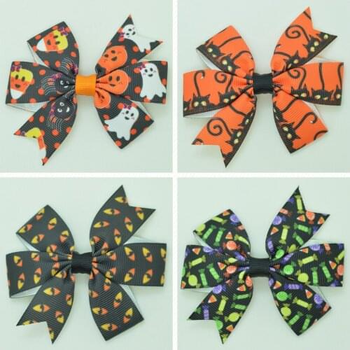 SUPWRF 3.1'' Halloween kids hair accessories hair Bow With Clip hair ties Printed Ribbon headwear wholesale 20 PCS T0929