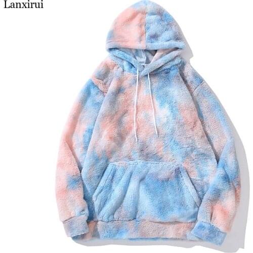 Tie-dye Plush Hoodie Sweatshirts for Women Pullover Hoody Contrast Colors Plush Sweatshirts Female Winter Tops