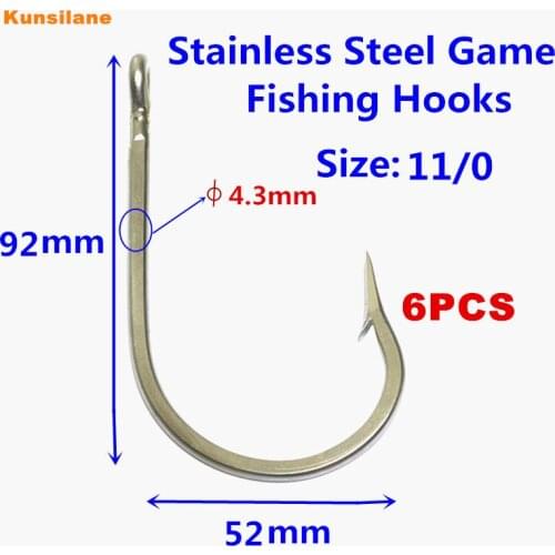 Premium Qulity 6pcs 7691S Size 11/0 Stainless Steel Big Game Fishing Hooks Sharpened Southern Tuna Offshore Fishing Tackle -A