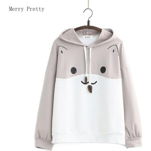 Cartoon Dog Print Cotton Hooded Sweatshirt For Women 2021 Summer New Long Sleeve Hoodies Sweet Style Female Basic Cute Top