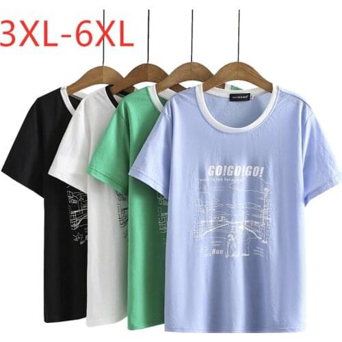 New 2021 Ladies Summer Plus Size Tops For Women Large Short Sleeve Loose Cotton Blue Print O-neck T-shirt 3XL 4XL 5XL 6XL