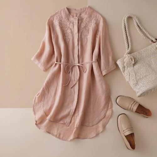 Vintage Embroidery Women Shirts Summer Solid Half Sleeved O-Neck Loose Straight Female Outwear Tops