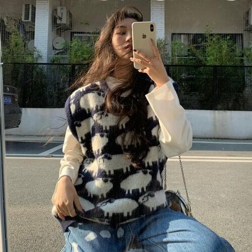 Animal Sheep Pattern College Style Knitted Female Sweaters Vests Waistcoats Women Casual All-Match Loose Basic Sleeveless Tops