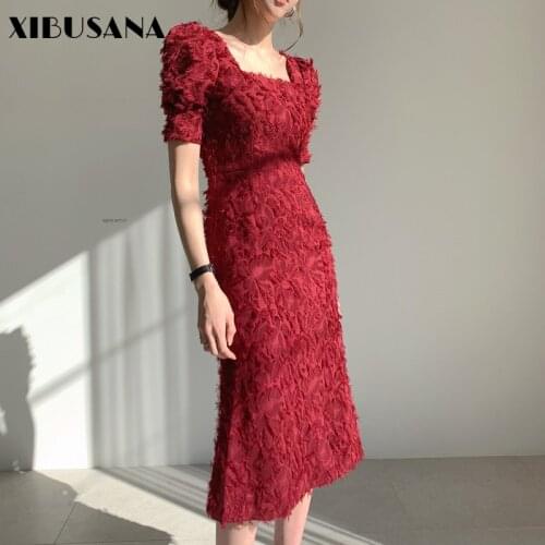 2021 Summer Vintage Square Collar Tassel Women Dress Elegant Short Sleeve Backless Female Mermaid Dress Female Party Vestidos