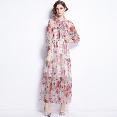 WTIANYUW 2021 New Women Summer Chiffon Dress Runway Fashion Long Sleeve Bow Collar Rose Flower Print Elegant Beach Party Dress