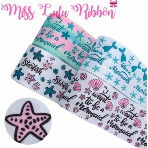16mm-75mm Mermaid Series Starfish Shell Gradient Color Printed Grosgrain/Foe Ribbon DIY Hair Bowknots 50yards/roll